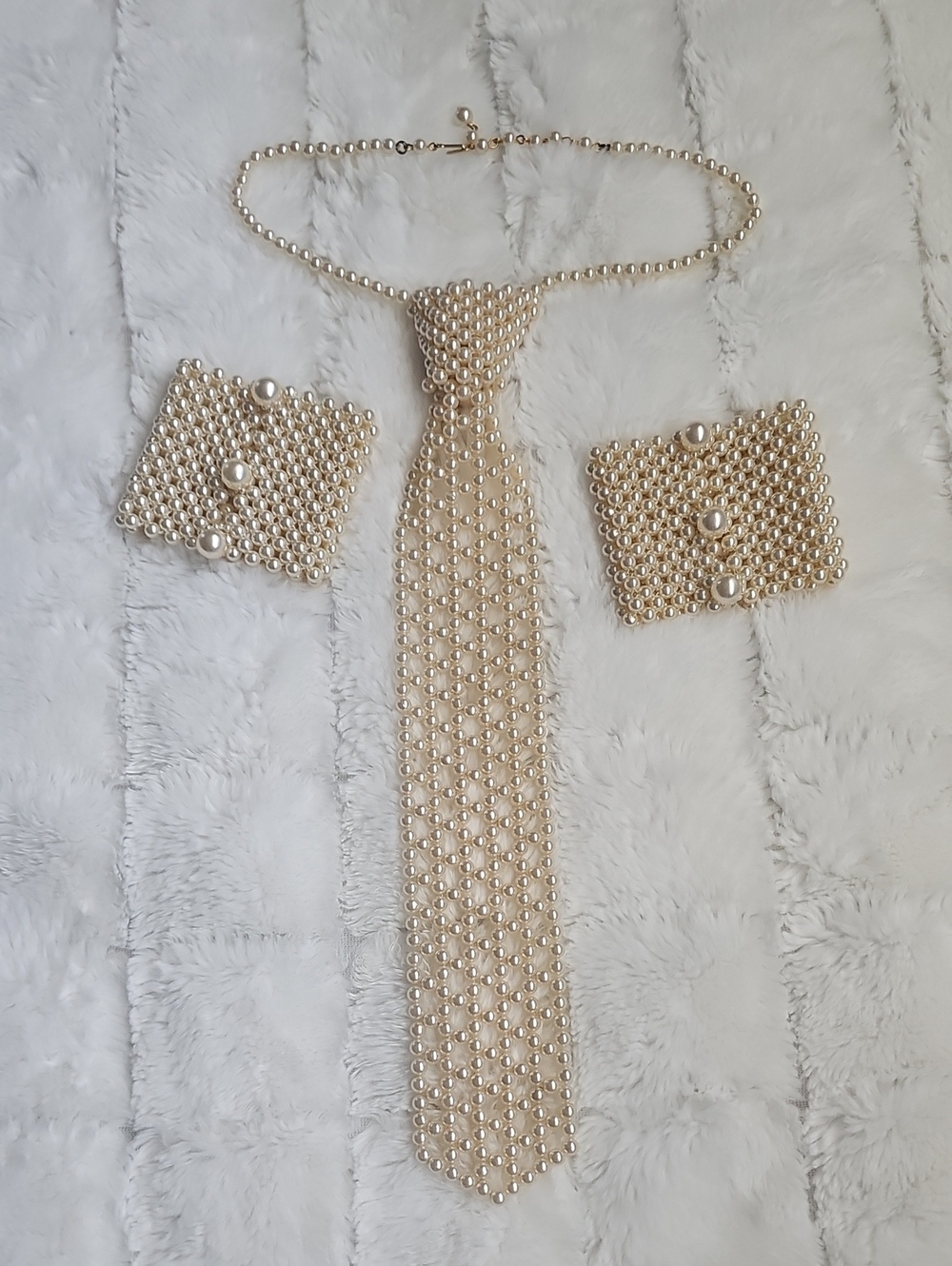 Pearl-Style Beaded Tie Necklace with Matching Cuffs - Cream